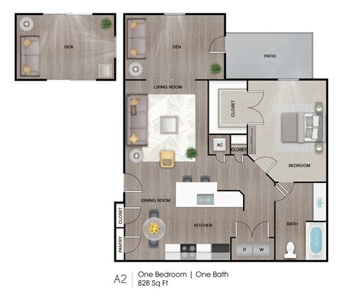 A 2 bedroom apartment with 828 square feet and one bath.